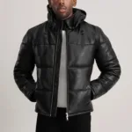 Gordon Black Hooded Leather Puffer Jacket