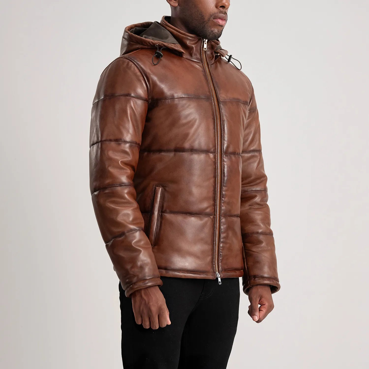 Gordon Waxed Brown Hooded Leather Puffer Jacket 2