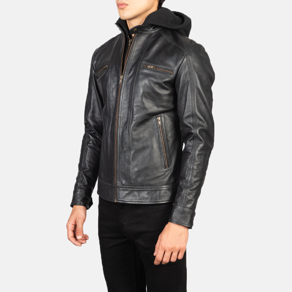 Hector Black Hooded Leather Biker Jacket 2