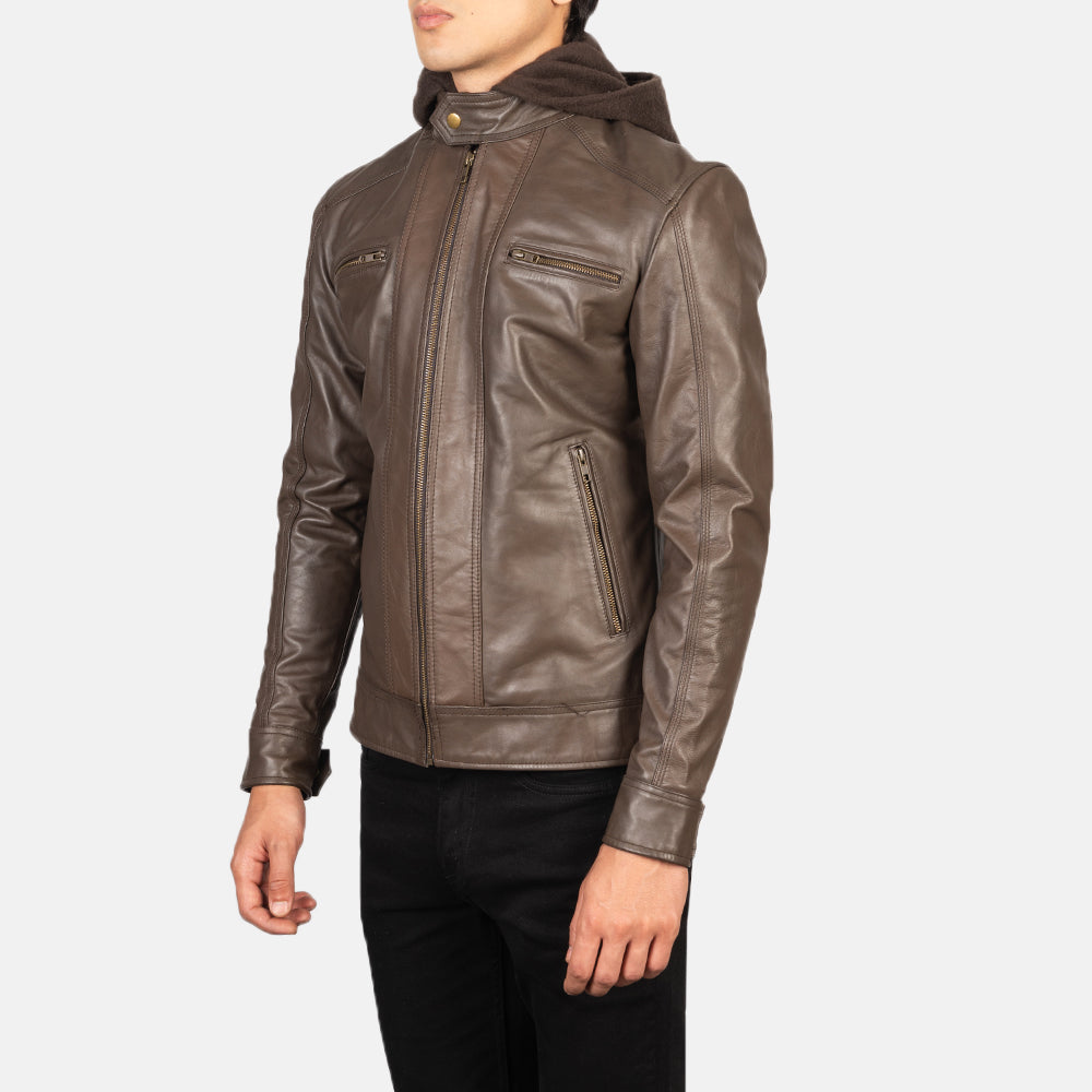 Hector Brown Hooded Leather Biker Jacket 2