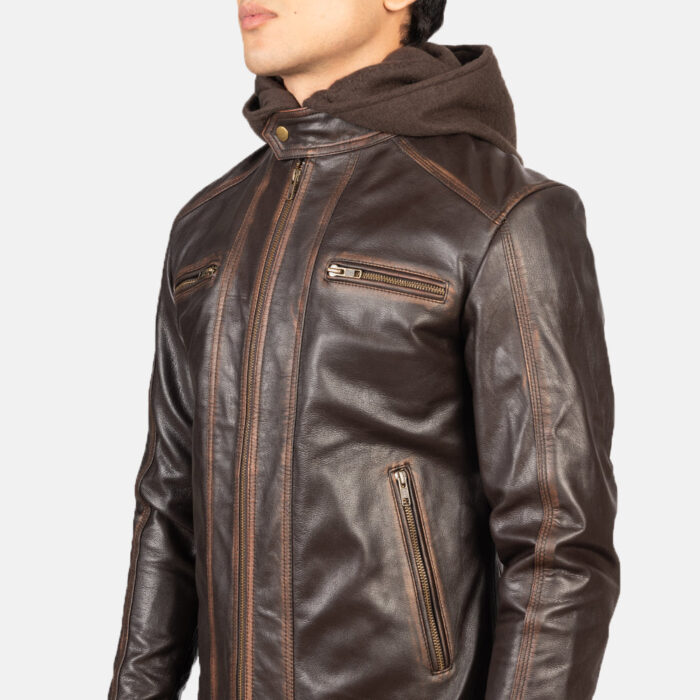 Hector Vintage Brown Hooded Leather Biker Jacket 6