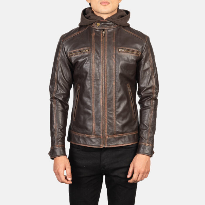 Hector Vintage Brown Hooded Leather Biker Jacket 4