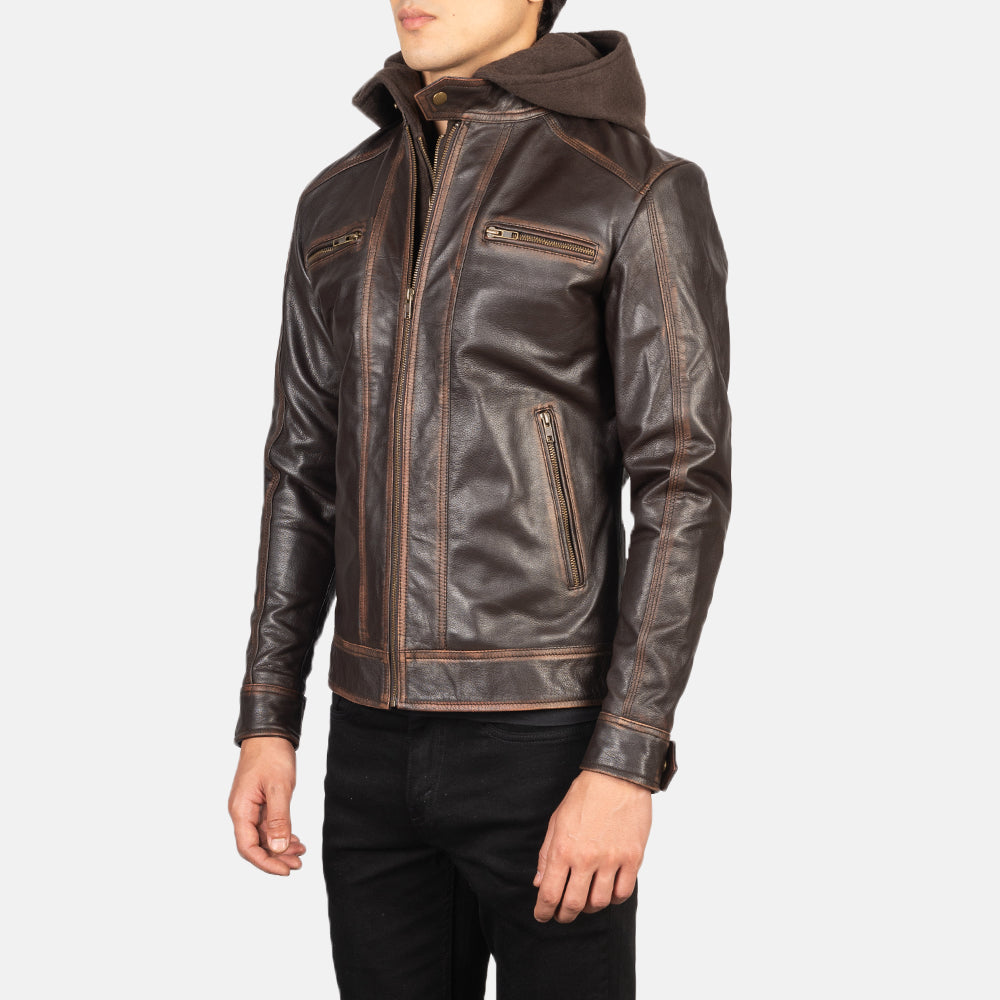 Hector Vintage Brown Hooded Leather Biker Jacket 2