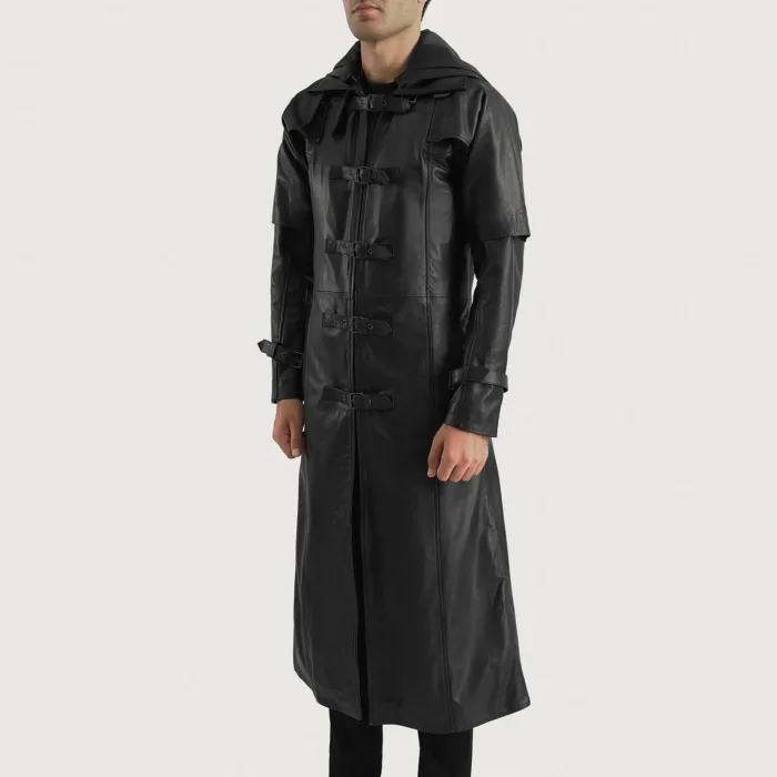 Huntsman Black Hooded Leather Trench Coat 2