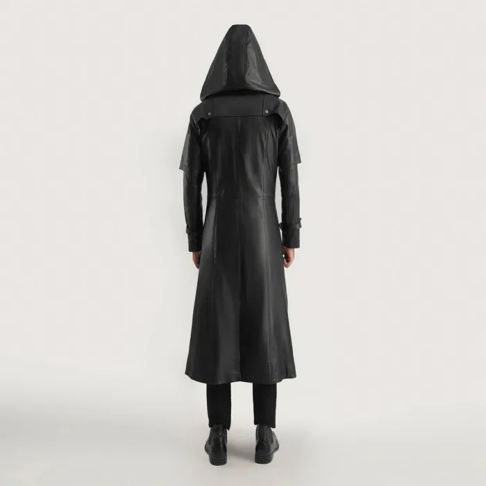 Huntsman Black Hooded Leather Trench Coat 5