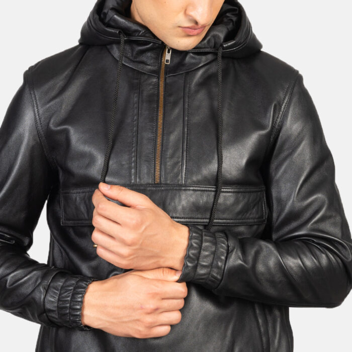 Kenton Hooded Black Leather Pullover Jacket 6