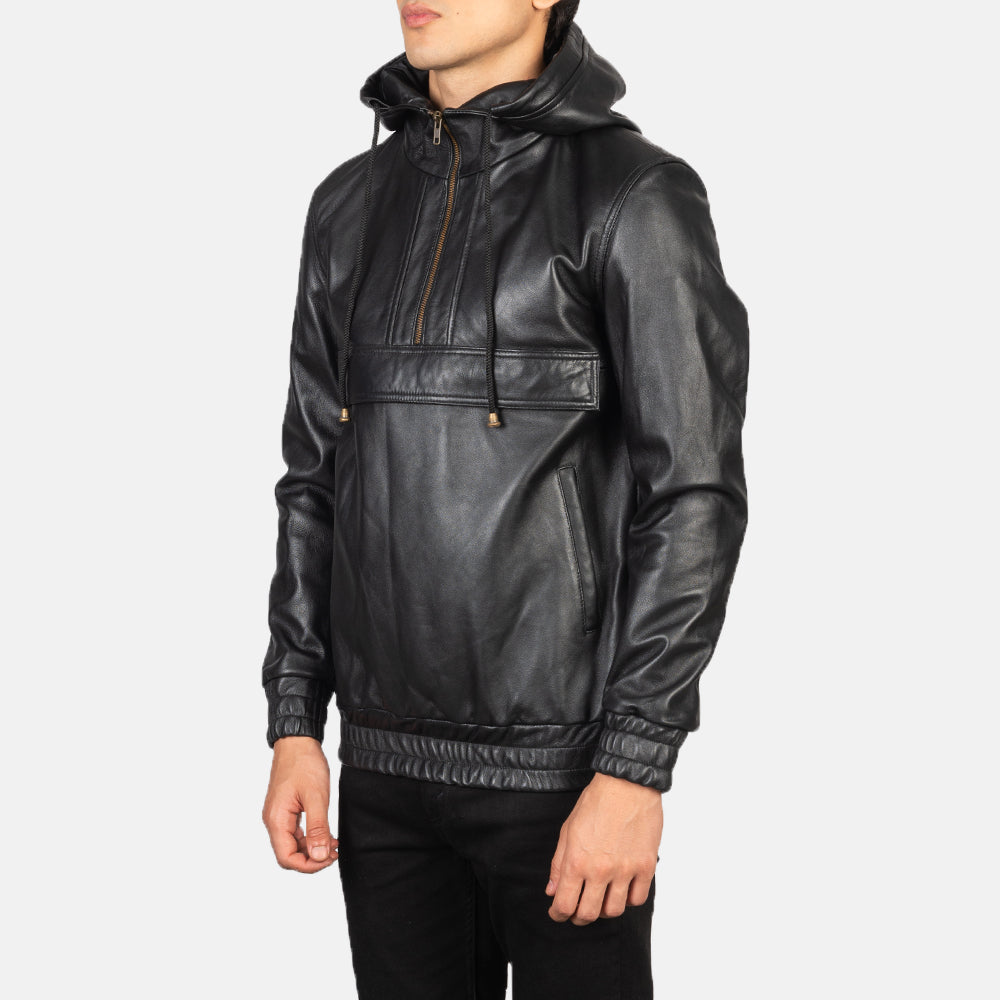 Kenton Hooded Black Leather Pullover Jacket 2