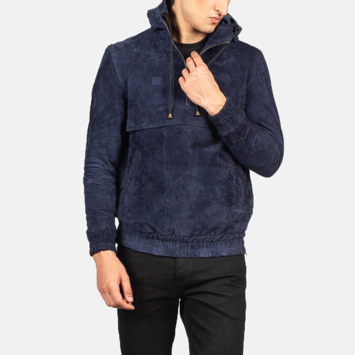 Kenton Hooded Blue Suede Pullover Jacket 4