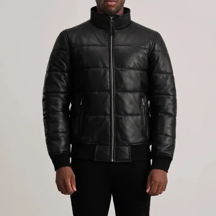 Lucas Black Leather Puffer Bomber Jacket 4
