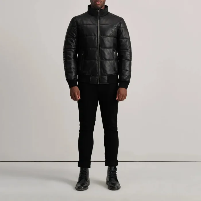 Lucas Black Leather Puffer Bomber Jacket 3