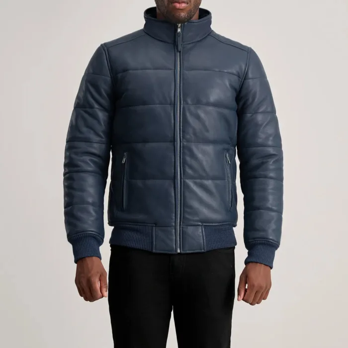 Lucas Blue Leather Puffer Bomber Jacket 4