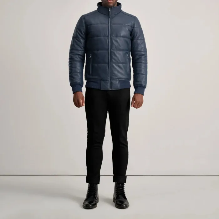 Lucas Blue Leather Puffer Bomber Jacket 3