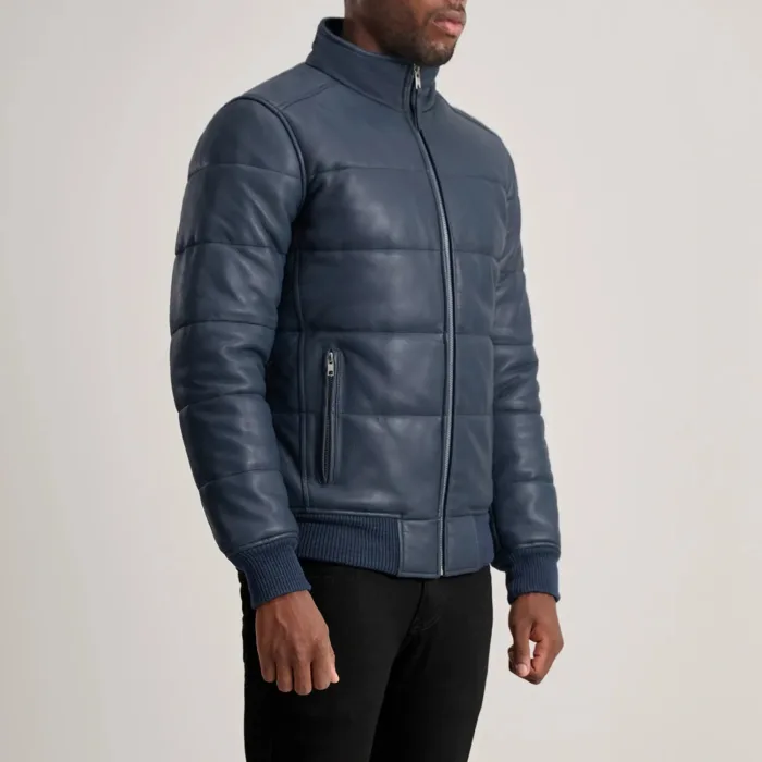 Lucas Blue Leather Puffer Bomber Jacket 2