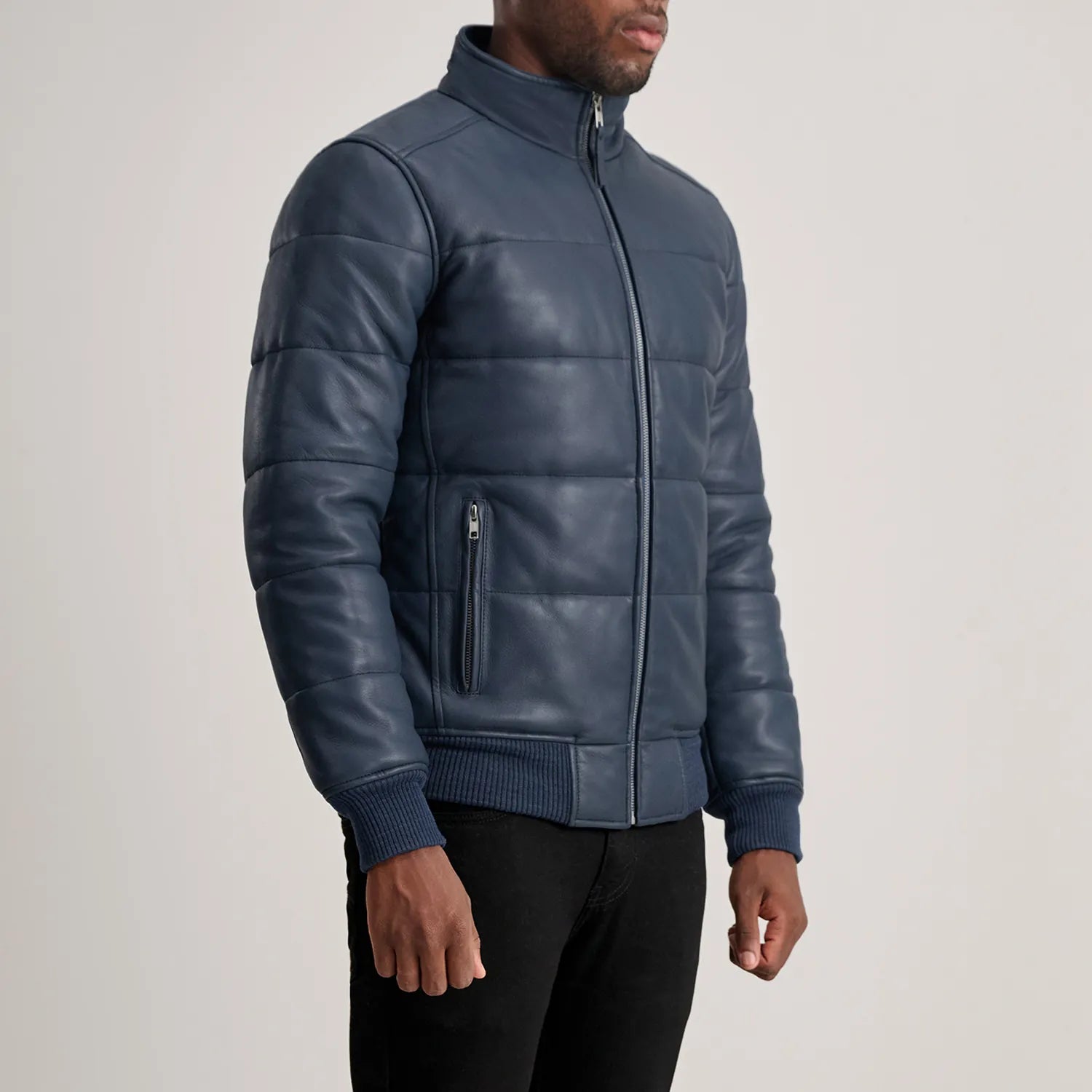 Lucas Blue Leather Puffer Bomber Jacket 2