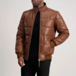 Lucas Brown Leather Puffer Bomber Jacket