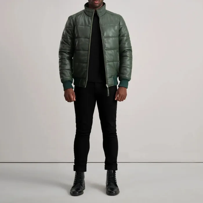 Lucas Green Leather Puffer Bomber Jacket 3