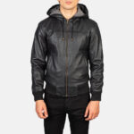 Nintenzo Black Hooded Leather Bomber Jacket 4