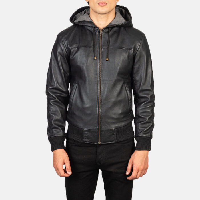 Nintenzo Black Hooded Leather Bomber Jacket 4