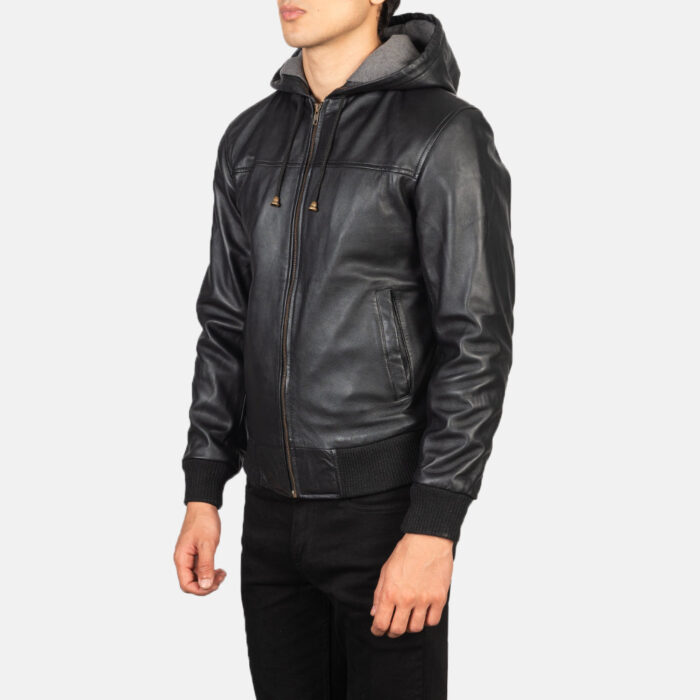 Nintenzo Black Hooded Leather Bomber Jacket 2