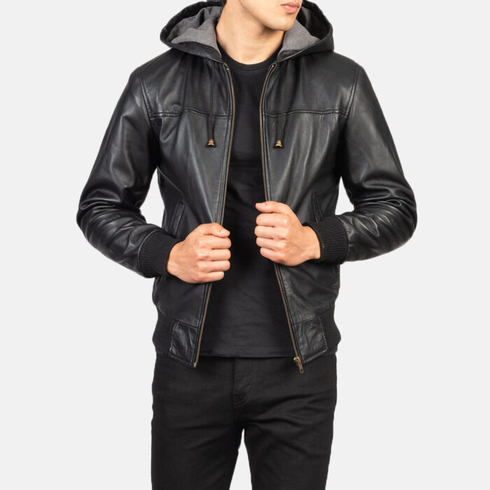 Nintenzo Black Hooded Leather Bomber Jacket 6