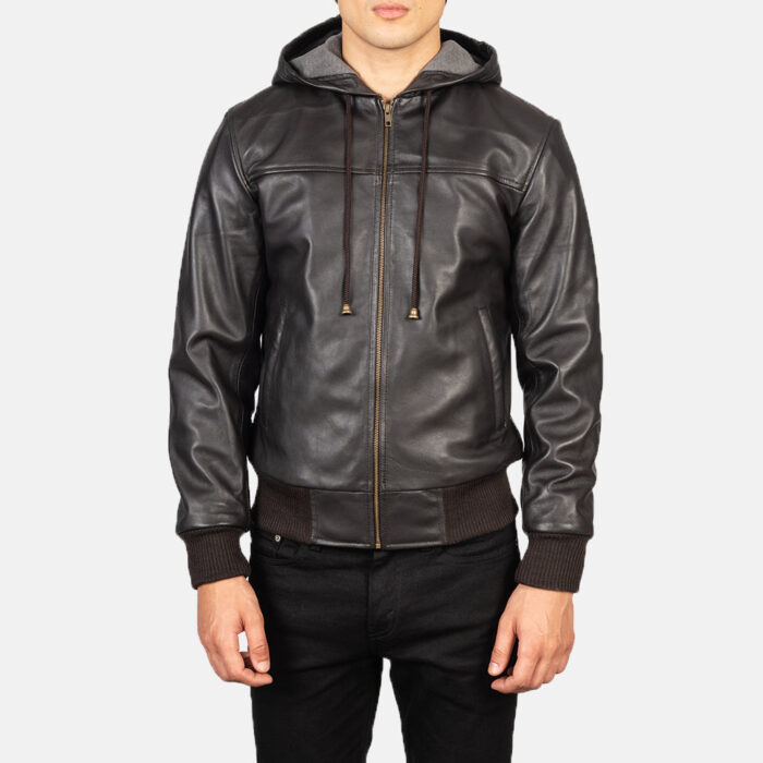 Nintenzo Brown Hooded Leather Bomber Jacket 4