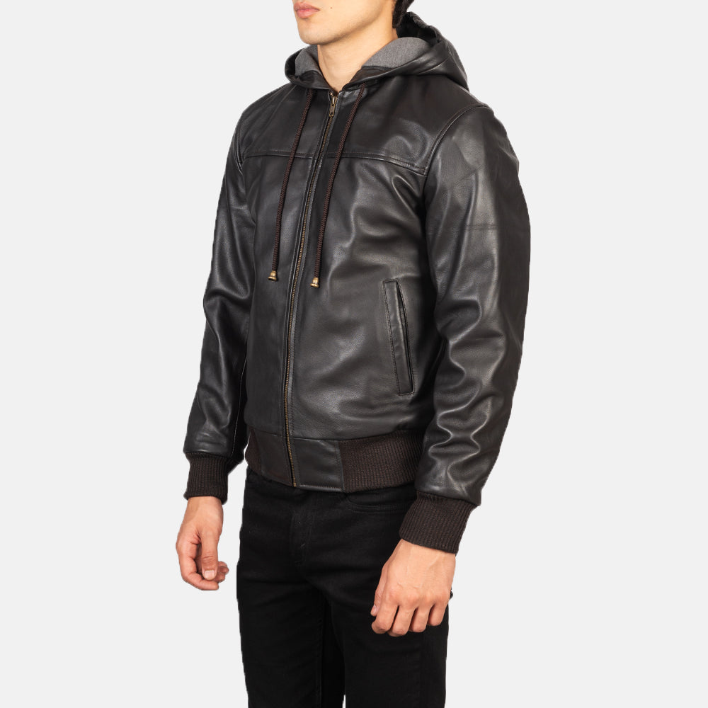 Nintenzo Brown Hooded Leather Bomber Jacket 2