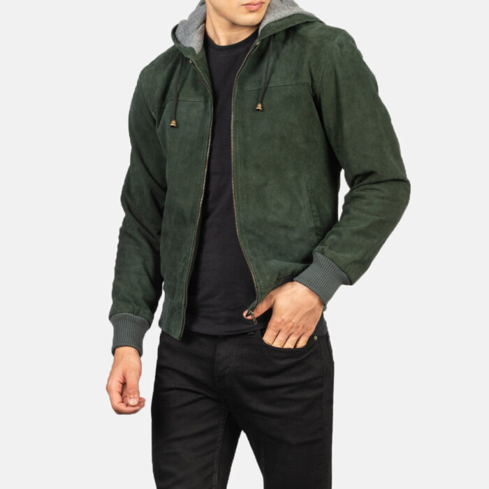 Nintenzo Green Hooded Suede Bomber Jacket 6