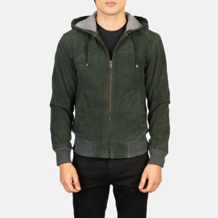 Nintenzo Green Hooded Suede Bomber Jacket 4