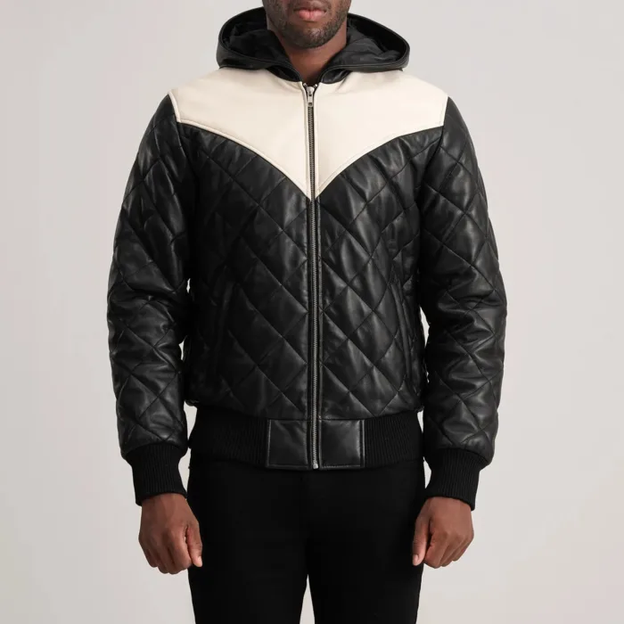 Norman Black Hooded Bomber Leather Puffer Jacket 4
