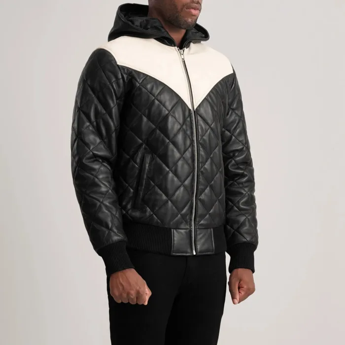 Norman Black Hooded Bomber Leather Puffer Jacket 2