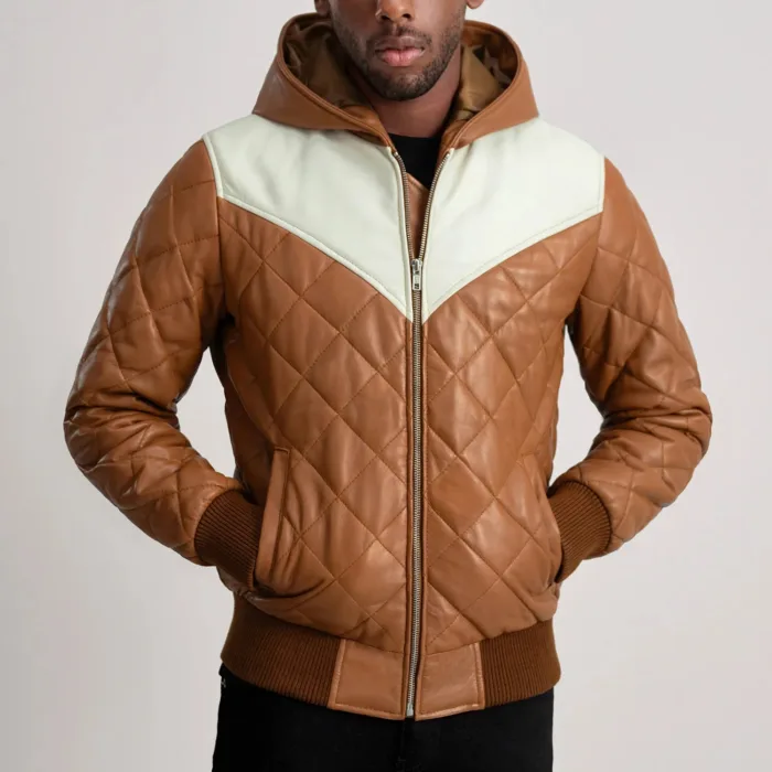 Norman Tan Hooded Bomber Leather Puffer Jacket 4