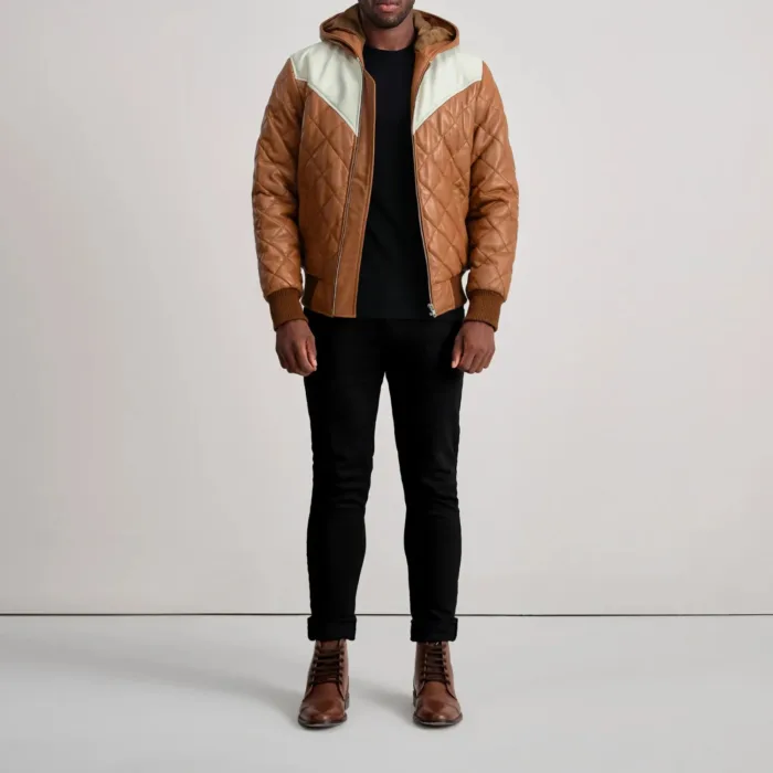 Norman Tan Hooded Bomber Leather Puffer Jacket 3