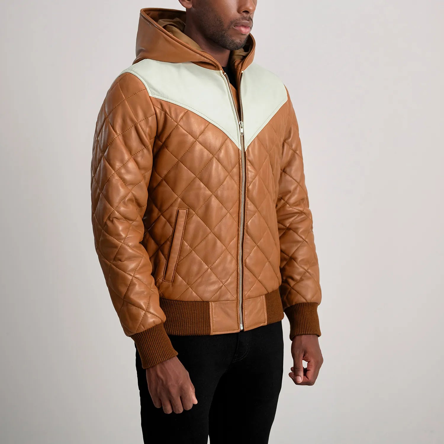 Norman Tan Hooded Bomber Leather Puffer Jacket 2