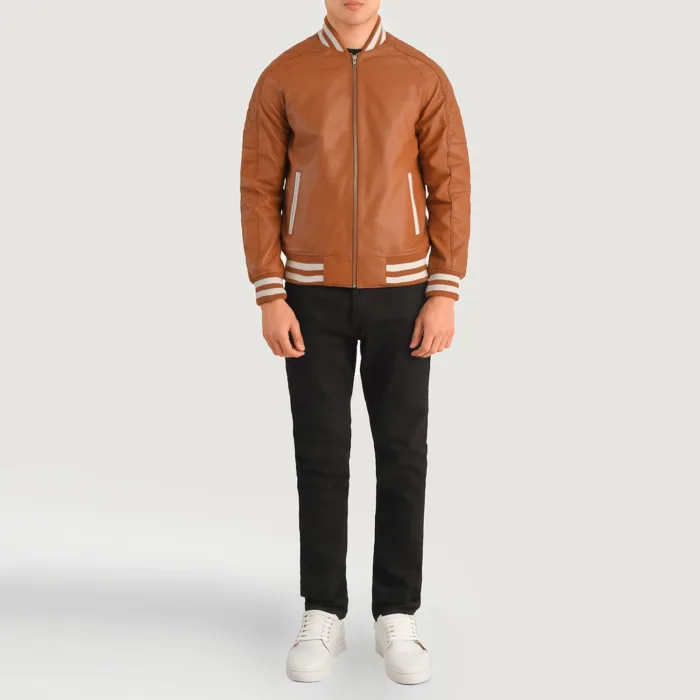 Pascal Tan Brown Leather Varsity Jacket 3