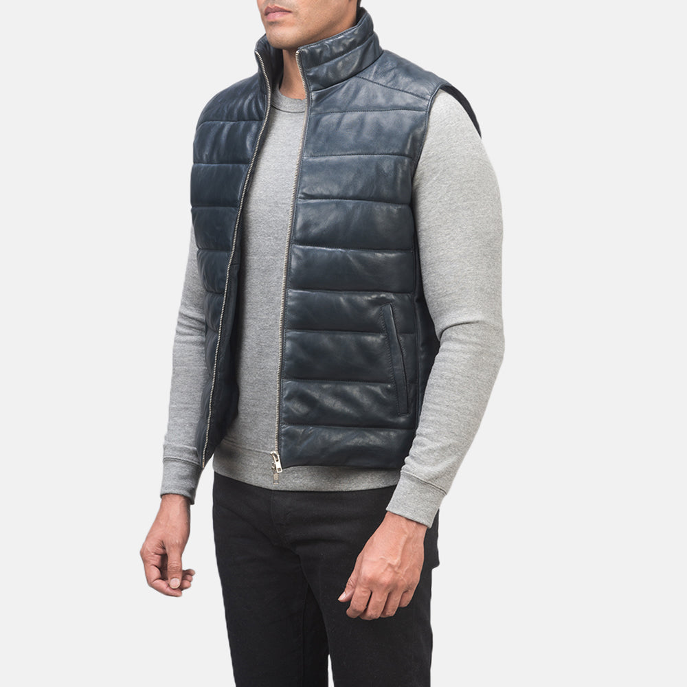 Reeves Blue Leather Puffer Vest 2