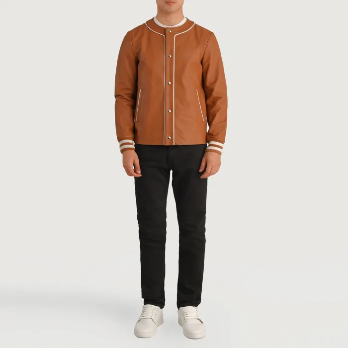 Willis Tan Brown Leather Varsity Jacket 3