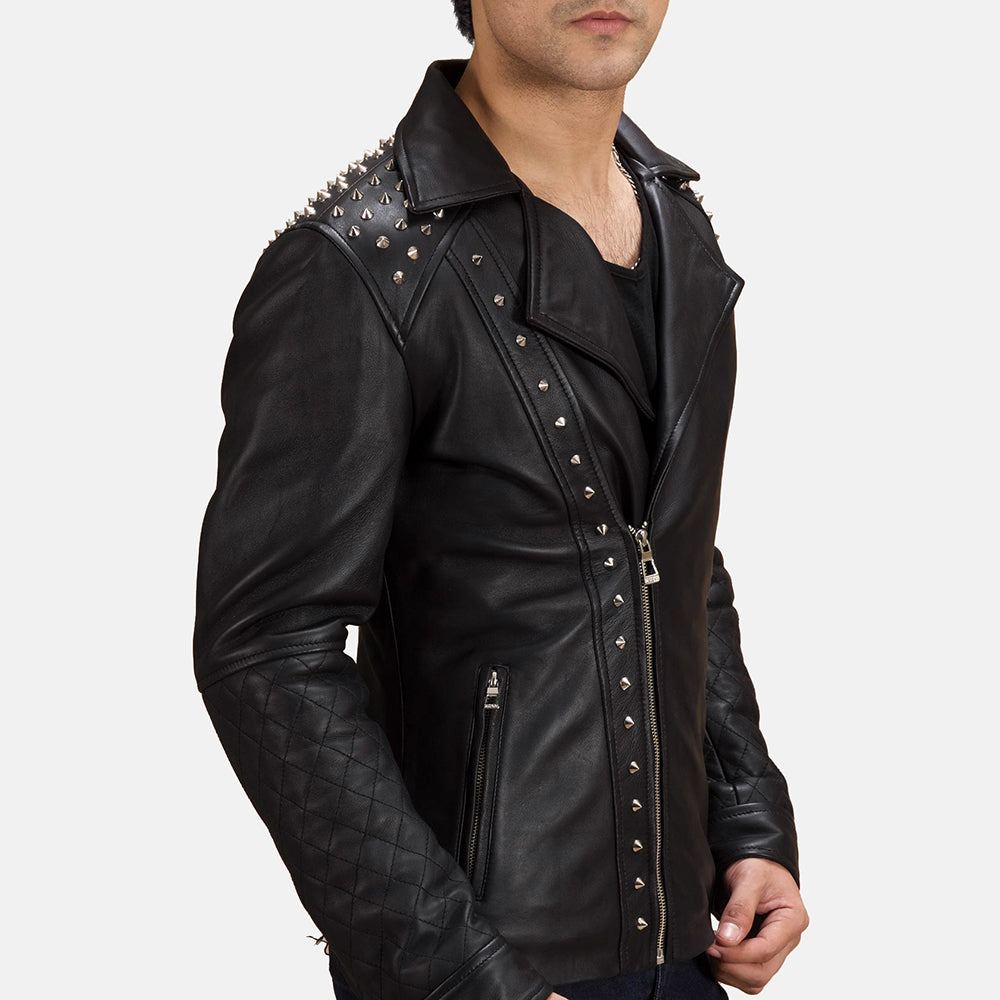 Black Studded Leather Biker Jacket 2