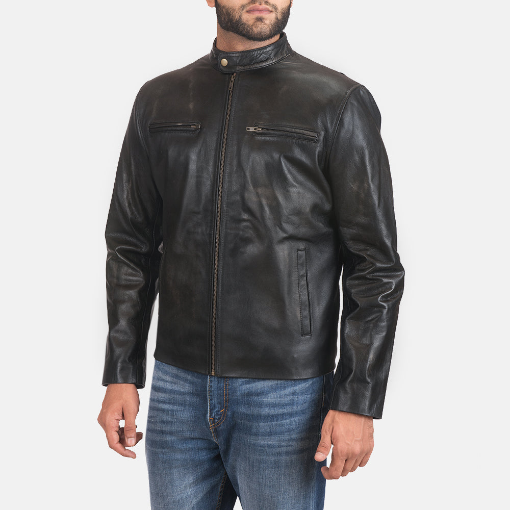 Rustic Black Leather Biker Jacket 2