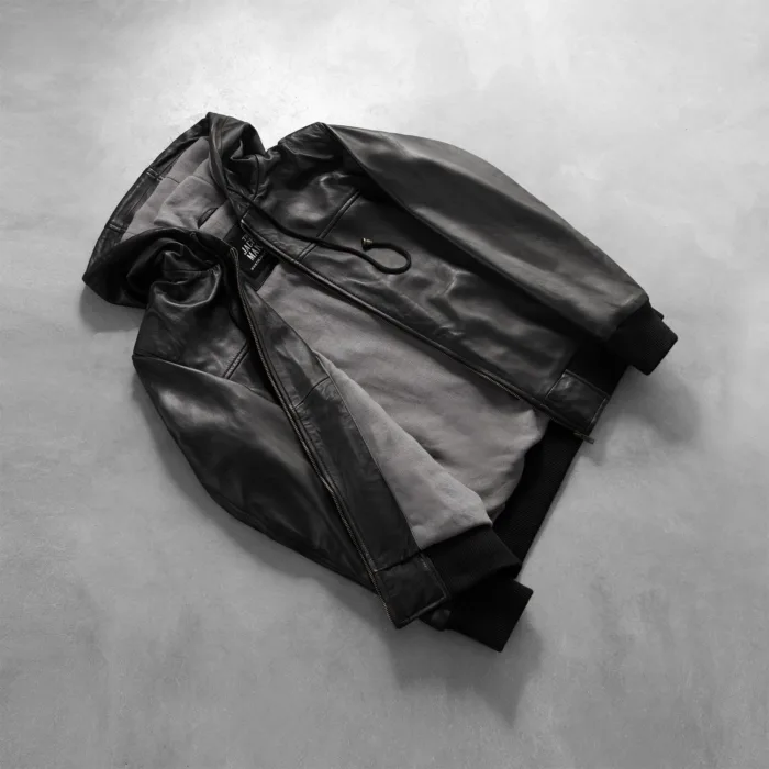 Nintenzo Black Hooded Leather Bomber Jacket 8