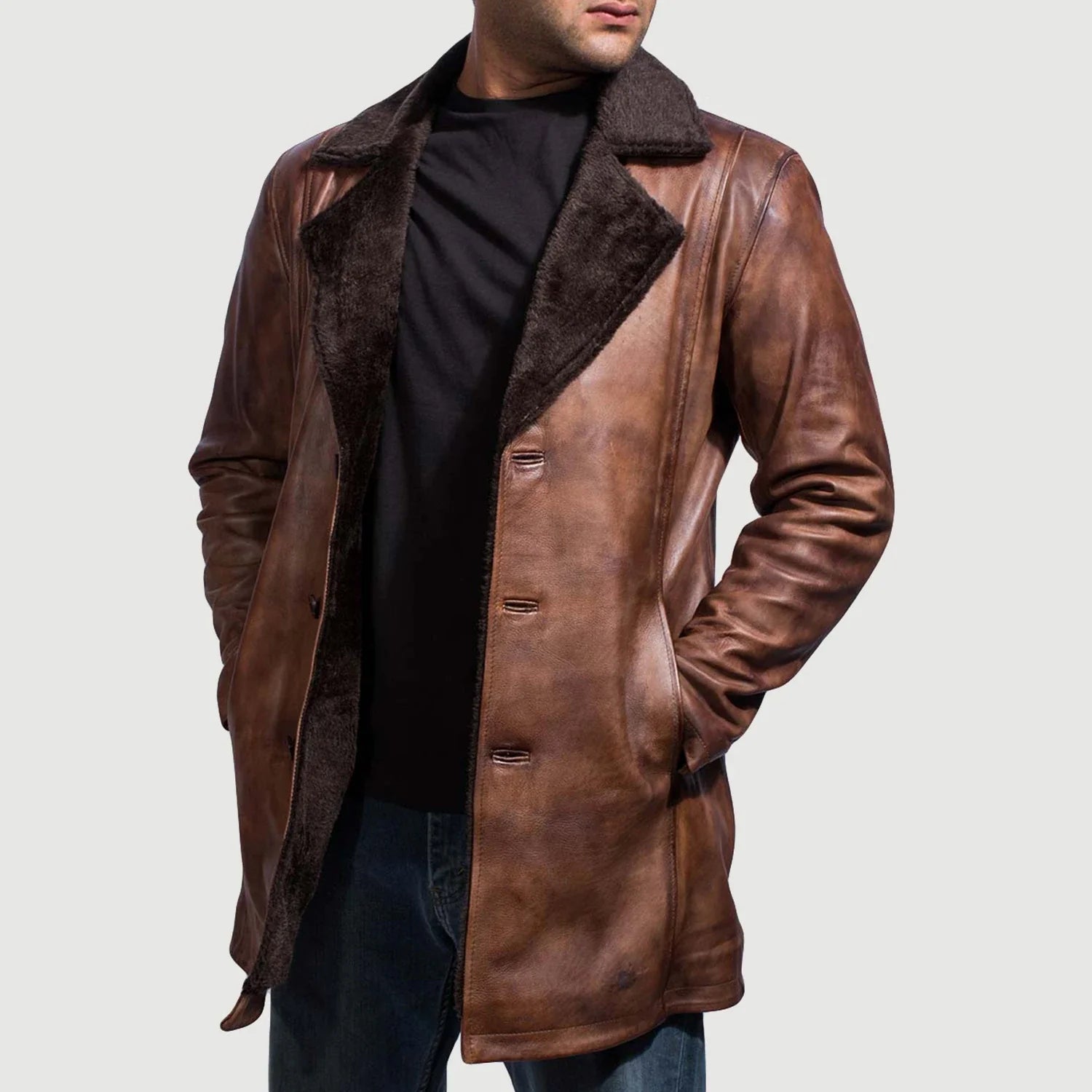 Cinnamon Distressed Leather Fur Coat 2