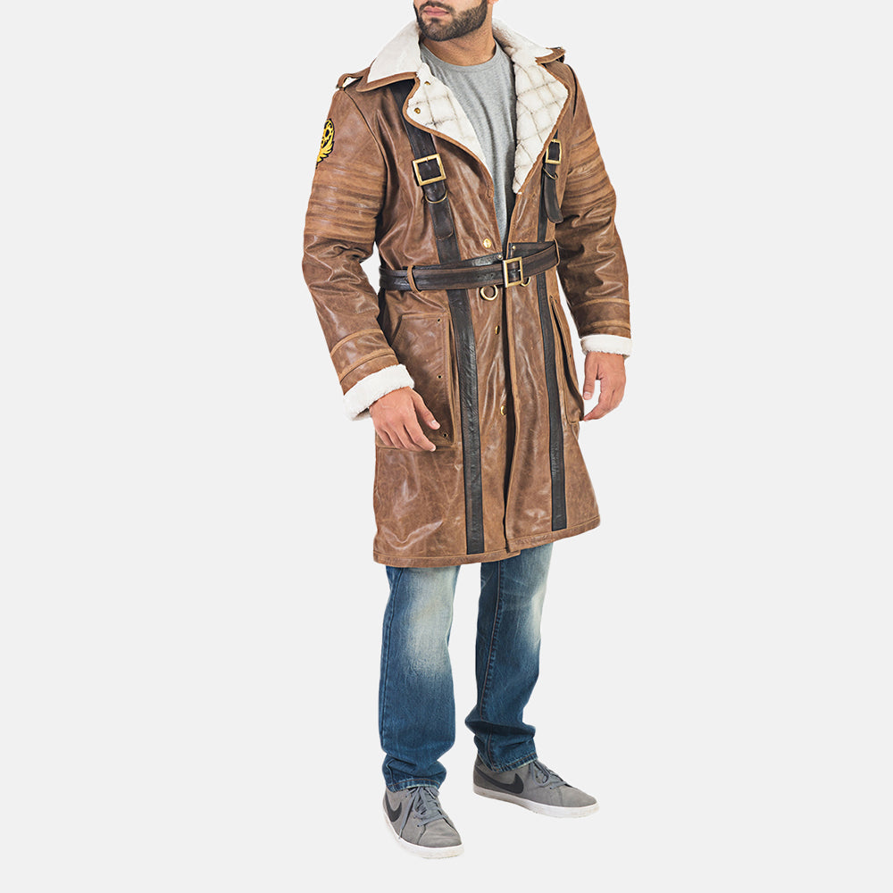 Custom Mason Brown Fur Leather Trench Coat 2