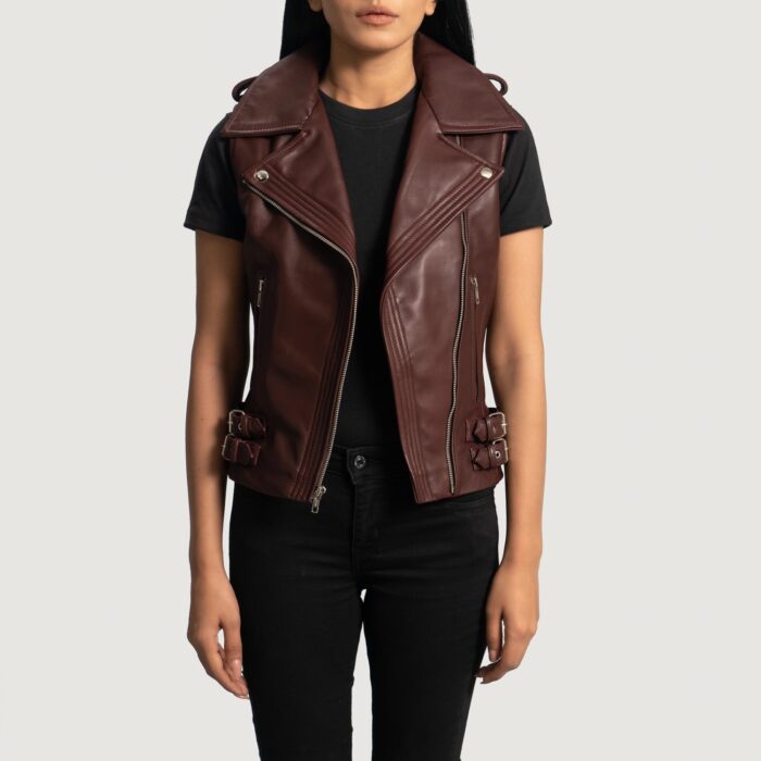 Rhonda Maroon Leather Biker Vest 2