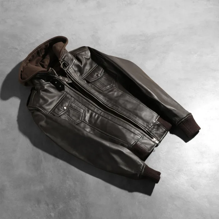 Roslyn Brown Hooded Leather Bomber Jacket 7