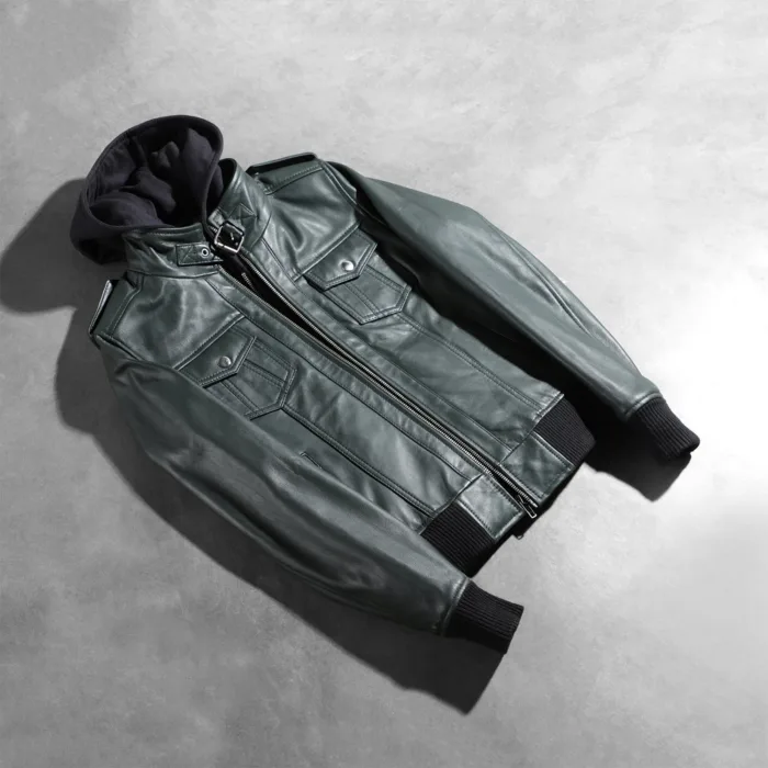 Roslyn Green Hooded Leather Bomber Jacket 7