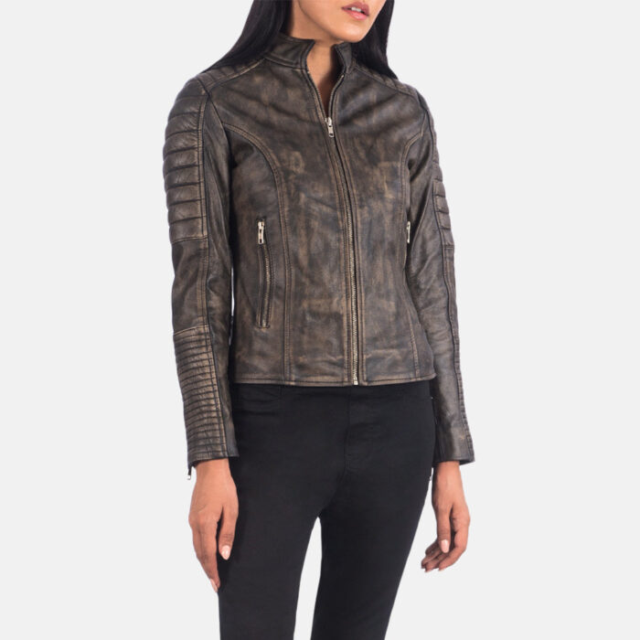 Adalyn Quilted Distressed Brown Leather Biker Jacket 6
