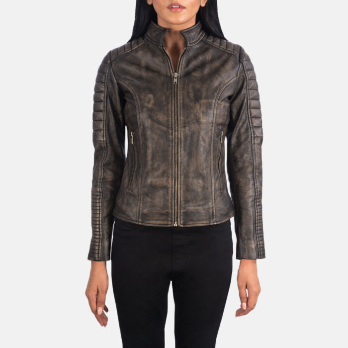 Adalyn Quilted Distressed Brown Leather Biker Jacket 4