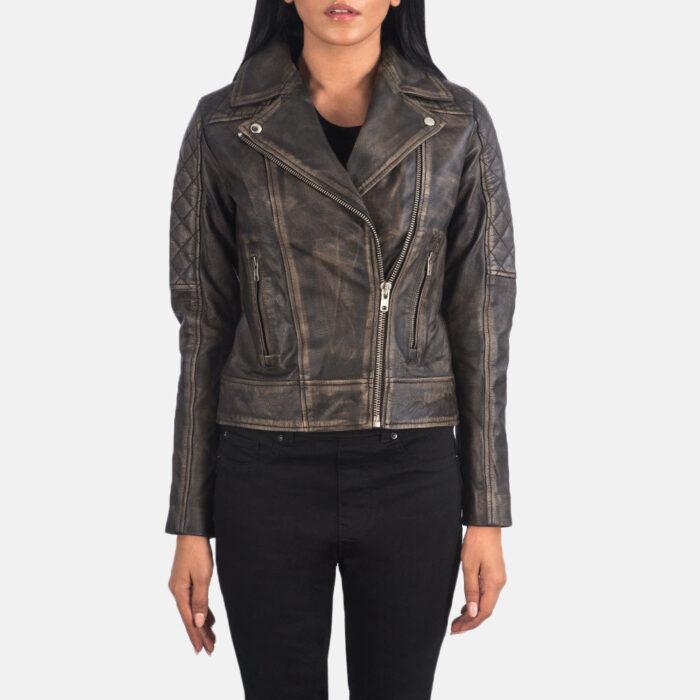 Carolyn Quilted Distressed Brown Biker Jacket 4