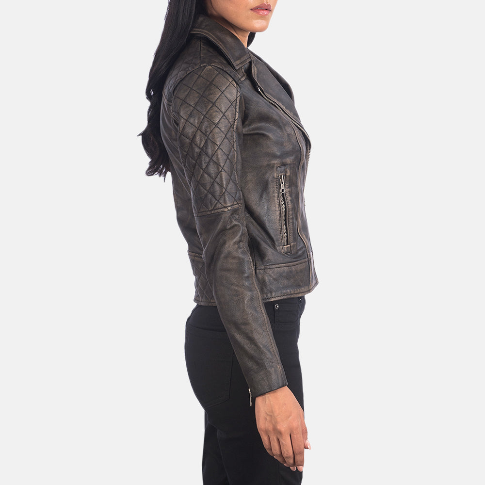 Carolyn Quilted Distressed Brown Biker Jacket 2