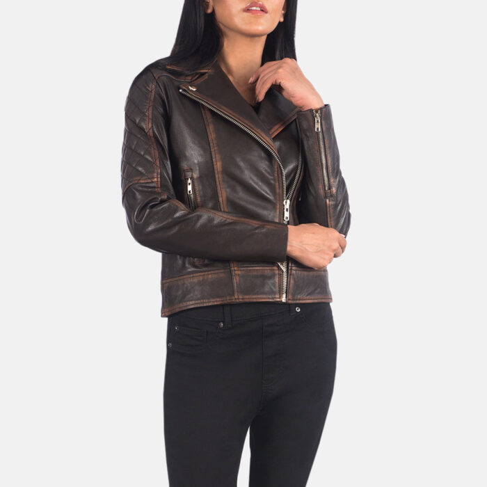 Carolyn Quilted Vintage Brown Biker Jacket 4