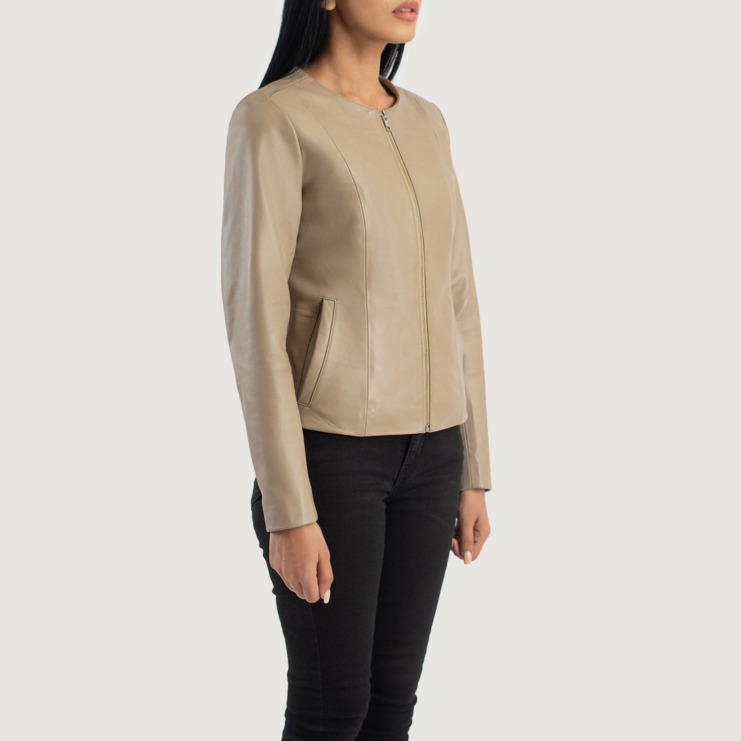 Elixir Beige Collarless Leather Jacket 2